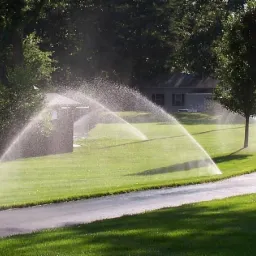 Automatyczne nawadnianie trawnika w Kowala Stępocina: zraszacze rozpylają wodę nad soczystą zielenią, widoczne budynki w tle.
