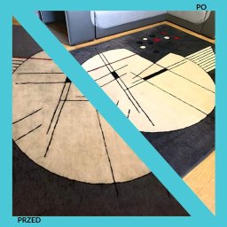 REMEK Pranie Tapicerek - Dywan z geometrycznym wzorem podzielony na dwie części: 'przed' i 'po' czyszczeniu, ukazujący różnicę w kolorze i wyglądzie.