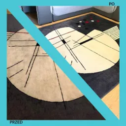 Dywan z geometrycznym wzorem podzielony na dwie części: 'przed' i 'po' czyszczeniu, ukazujący różnicę w kolorze i wyglądzie.