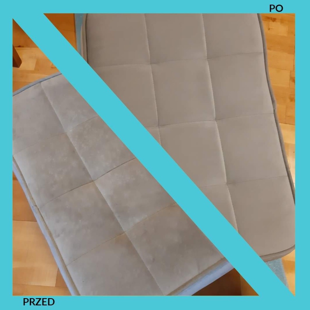 Tapicerowane siedzisko krzesła podzielone na dwie części: zabrudzone (PRZED) i czyste (PO), ukazujące efekt czyszczenia tapicerki.