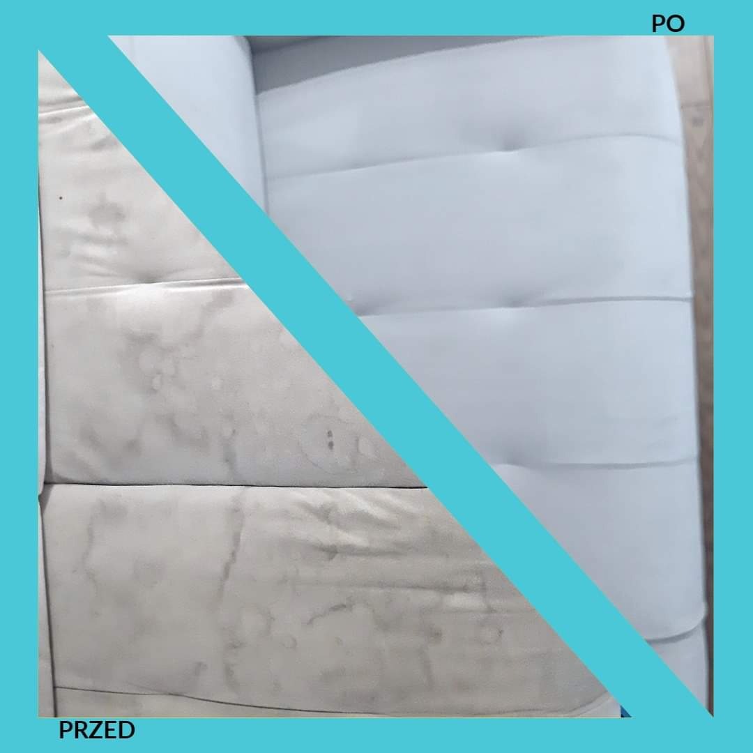 Biała tapicerka kanapy z widocznym podziałem 'przed' i 'po' czyszczeniu, oddzielona ukośną niebieską linią. Lewa strona zabrudzona plamami, prawa strona czysta.