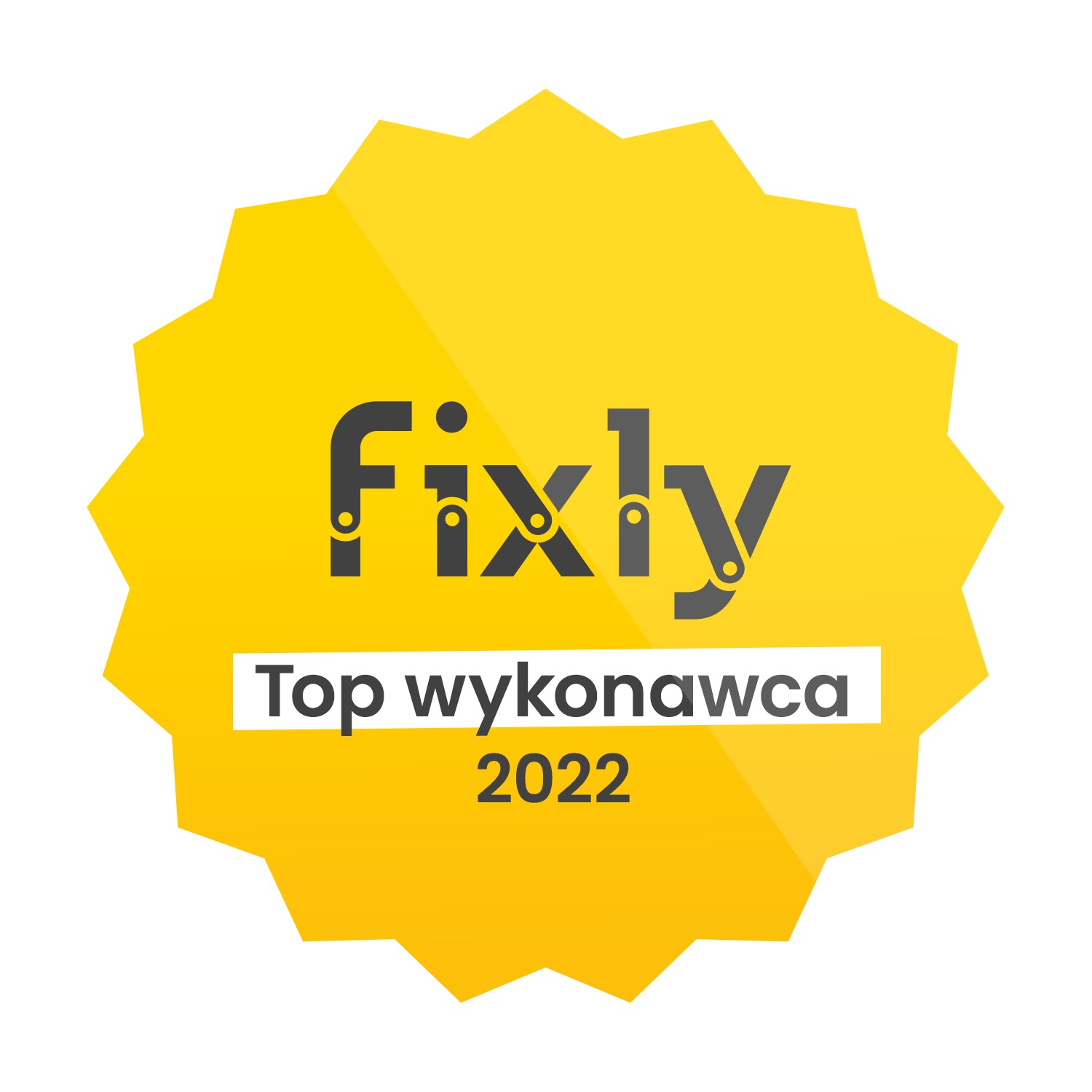 Żółta rozeta z szarym napisem 'Fixly Top wykonawca 2022' na białym tle.