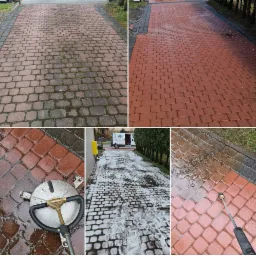 Porównanie stanu kostki brukowej przed i po czyszczeniu wysokociśnieniowym, widoczne zabrudzenia mchem i efekt odświeżenia koloru, z użyciem okrągłej dyszy czyszczącej i lancy.