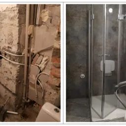 Dwa ujęcia łazienki: po lewej surowe ściany z instalacją, po prawej kabina prysznicowa z szarymi płytkami i siedziskiem dla osób z niepełnosprawnościami.