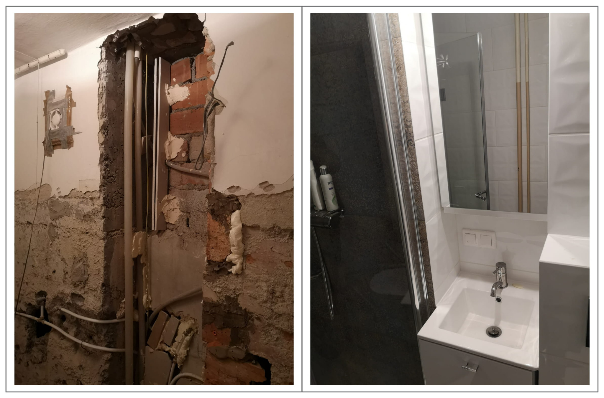 Zdjęcie przedstawia zestawienie stanu surowego łazienki z odsłoniętymi instalacjami oraz wykończonej części z kabiną prysznicową, umywalką i lustrem, ukazujące postęp prac.