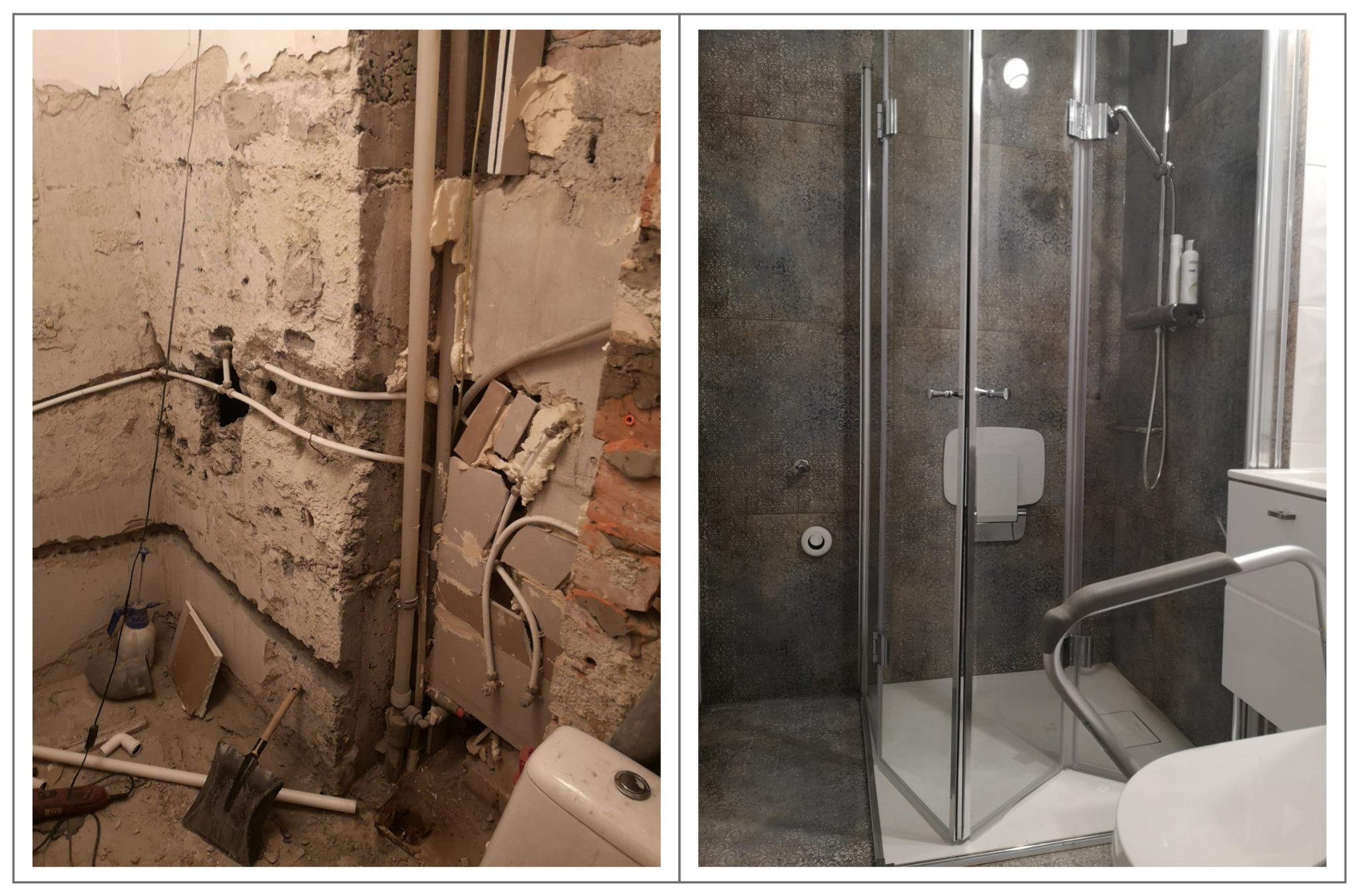 Dwa ujęcia łazienki: po lewej surowe ściany z instalacją, po prawej kabina prysznicowa z szarymi płytkami i siedziskiem dla osób z niepełnosprawnościami.