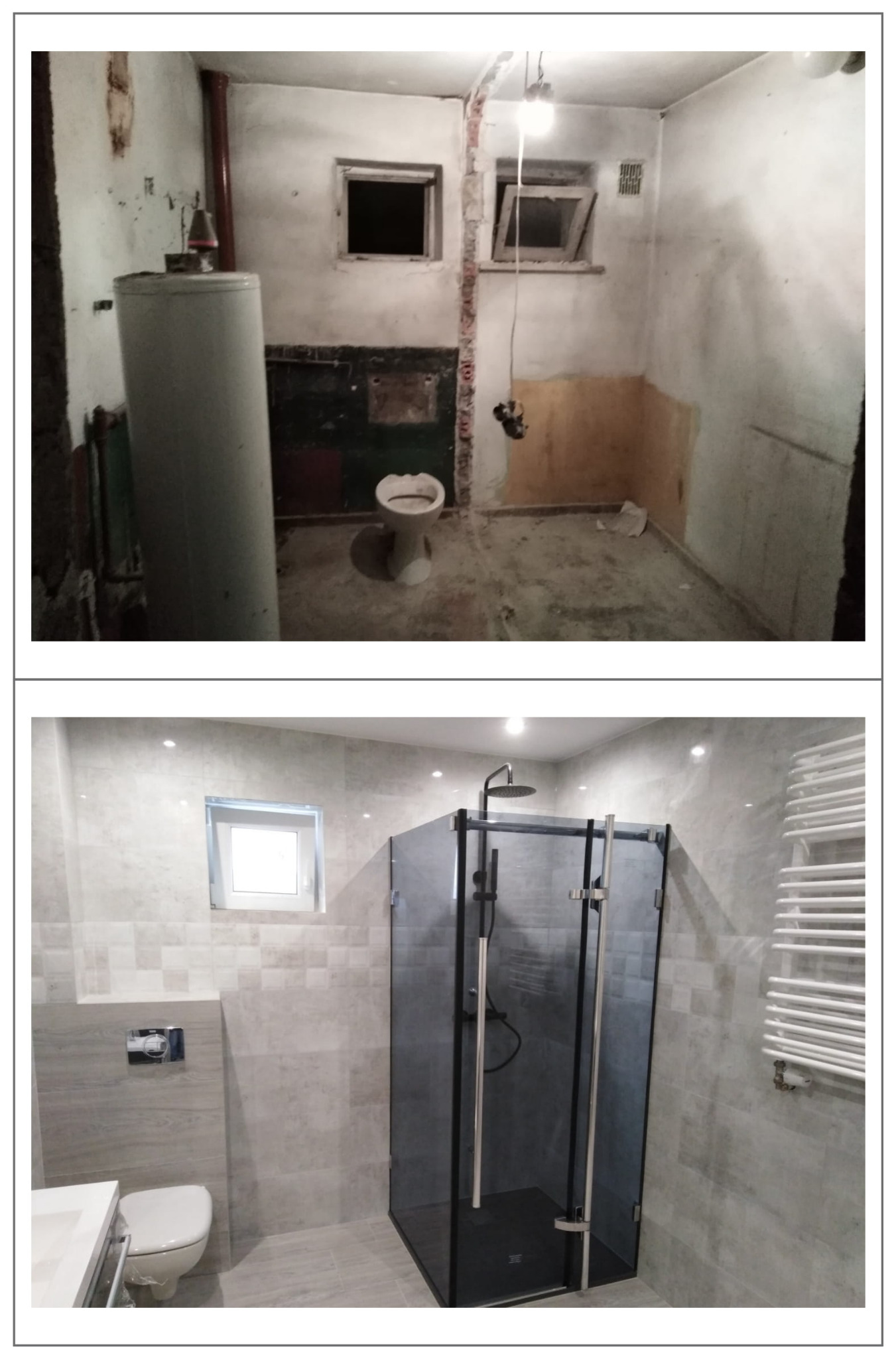 Dwa ujęcia tej samej łazienki: pierwsze przedstawia stan przed remontem z odsłoniętymi ścianami, starym bojlerem i toaletą, drugie ukazuje odnowione wnętrze z szarą kabiną prysznicową, nową toaletą...