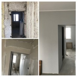 Marcin S. - Kolaż przedstawia remont mieszkania: od surowej cegły i stanu deweloperskiego, przez nałożone warstwy szpachli, aż po pomalowane na szaro ściany i sufit.