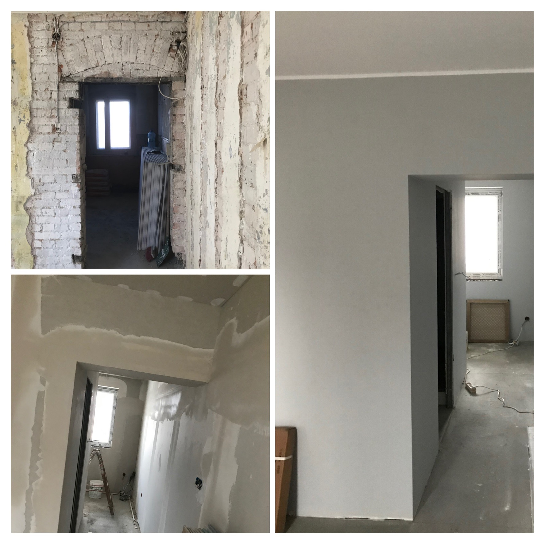 Kolaż przedstawia remont mieszkania: od surowej cegły i stanu deweloperskiego, przez nałożone warstwy szpachli, aż po pomalowane na szaro ściany i sufit.
