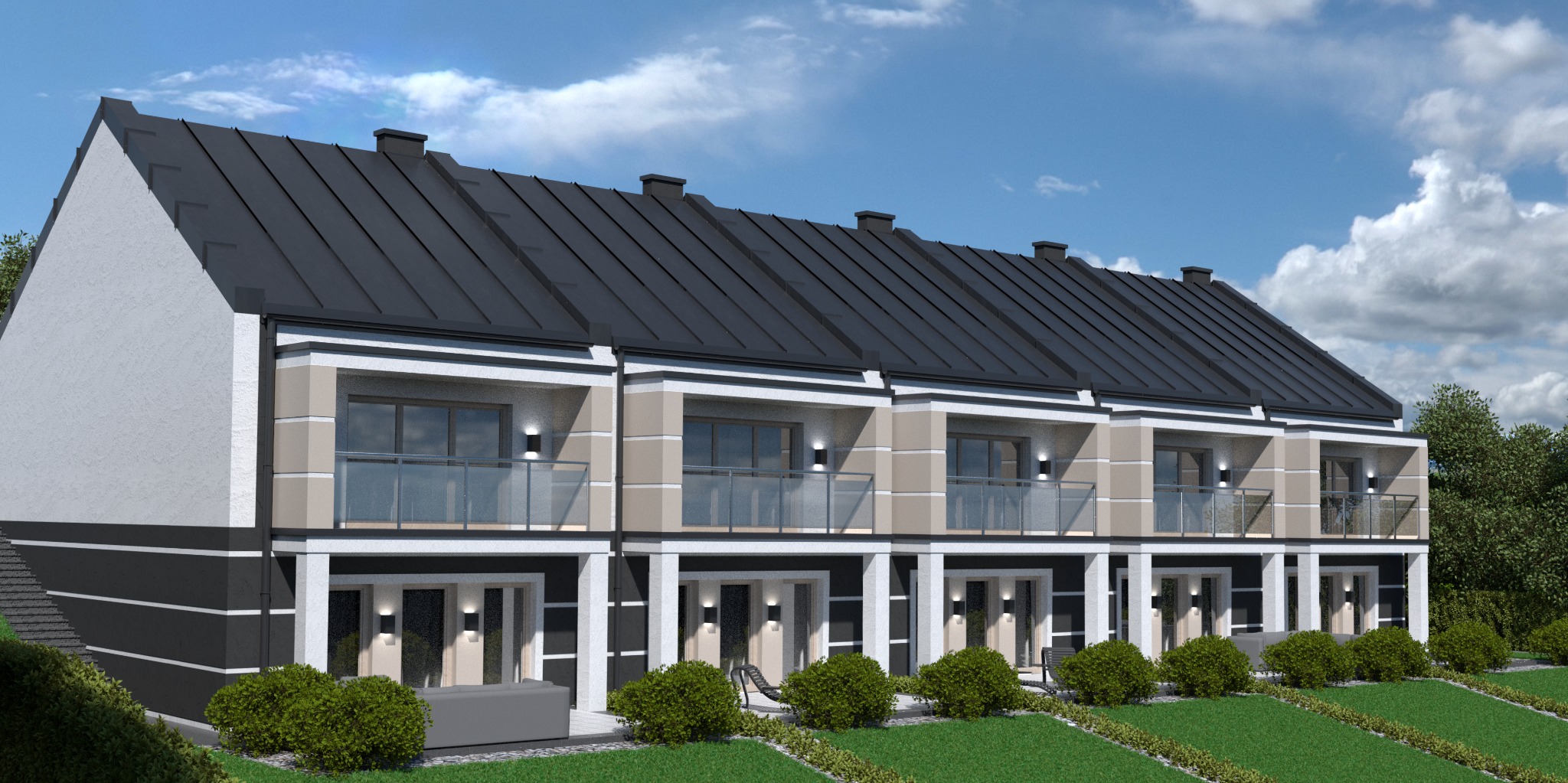 Wizualizacja szeregu nowych domów z balkonami i ciemnymi dachami, otoczonych zielenią, z błękitnym niebem w tle.