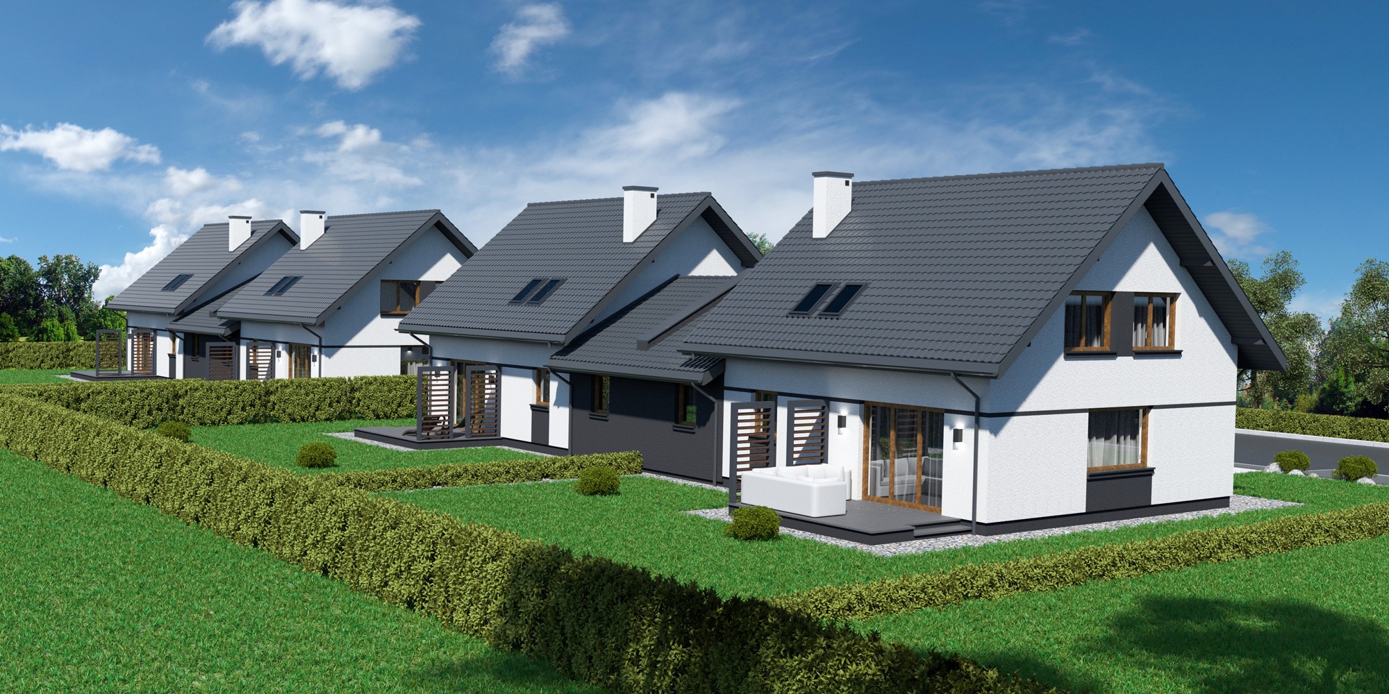 Wizualizacja szeregu nowoczesnych domów jednorodzinnych z szarymi dachami, białymi elewacjami i ciemnymi akcentami, otoczonych równo przystrzyżonym żywopłotem i trawnikiem, na tle błękitnego nieba...