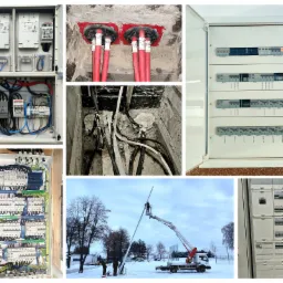 Kompozycja zdjęć przedstawiająca różne etapy i aspekty instalacji elektrycznych: liczniki energii, zabezpieczenia w skrzynkach, kable w przepustach ściennych oraz montaż słupa oświetleniowego...