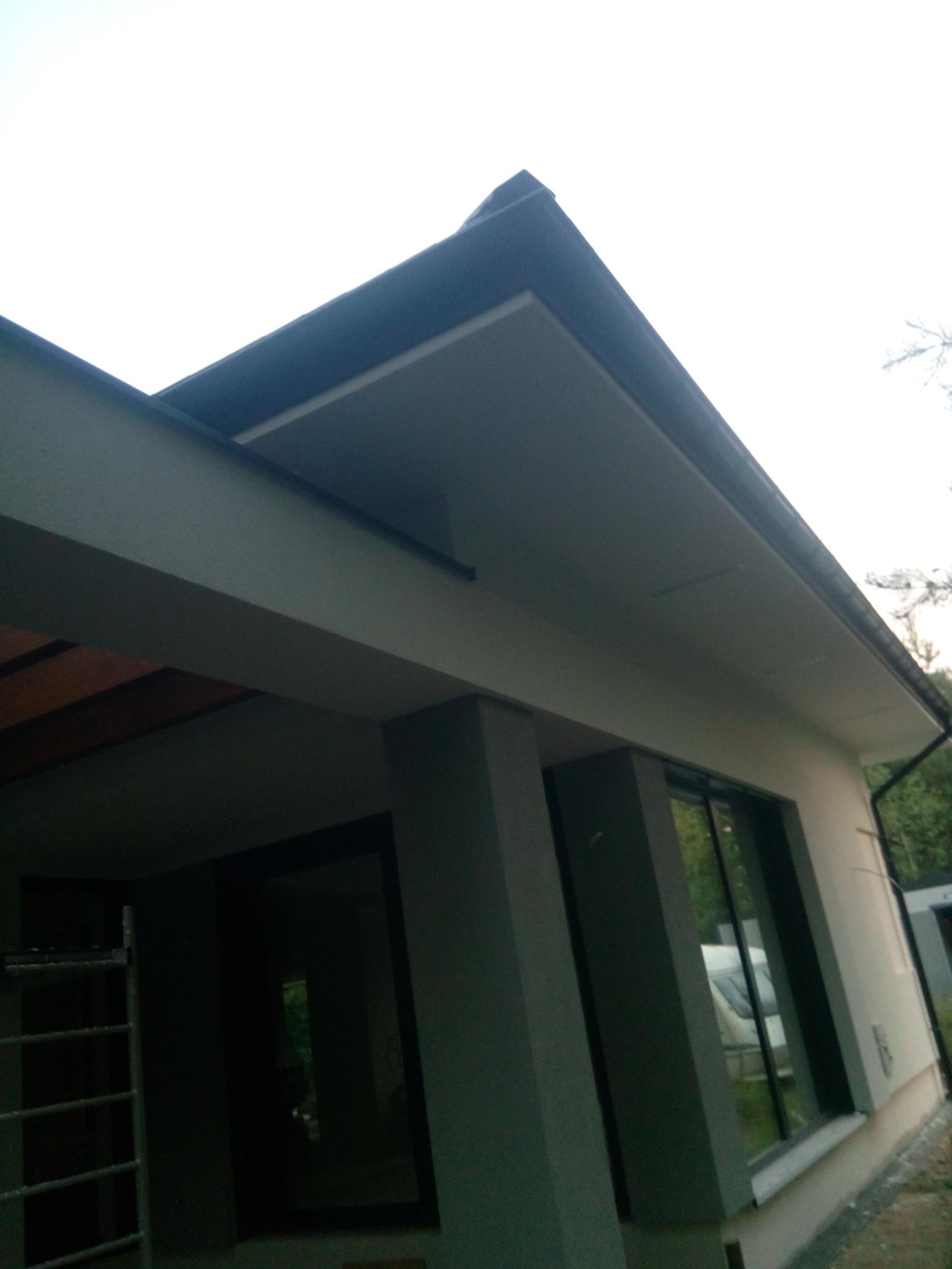 Elewacja budynku z szarą stolarką okienną i kolumnami, widoczny fragment dachu i drabina oparta o ścianę, zieleń w tle.