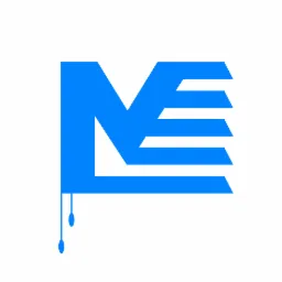 Niebieski, abstrakcyjny znak graficzny z elementami przypominającymi literę M i krople farby.