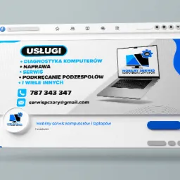 Wizualizacja strony internetowej serwisu komputerowego z listą usług: diagnostyka, naprawa, serwis, podkręcanie podzespołów oraz kontakt telefoniczny i email.