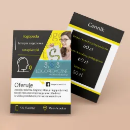 Wizytówka i cennik gabinetu logopedycznego S.O.S Karolina Kłaptocz z Mazańcowic, oferującego terapię logopedyczną, zajęciową i ręki dla dzieci, z podanym numerem telefonu i adresem profilu...