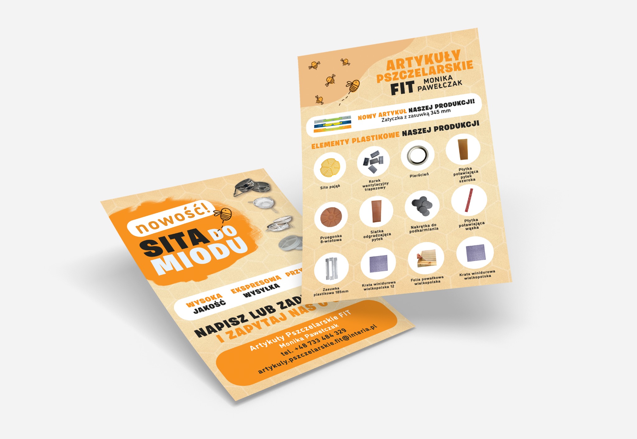 Dwie ulotki reklamowe z artykułami pszczelarskimi, prezentujące sita do miodu i elementy plastikowe do uli, na białym tle.