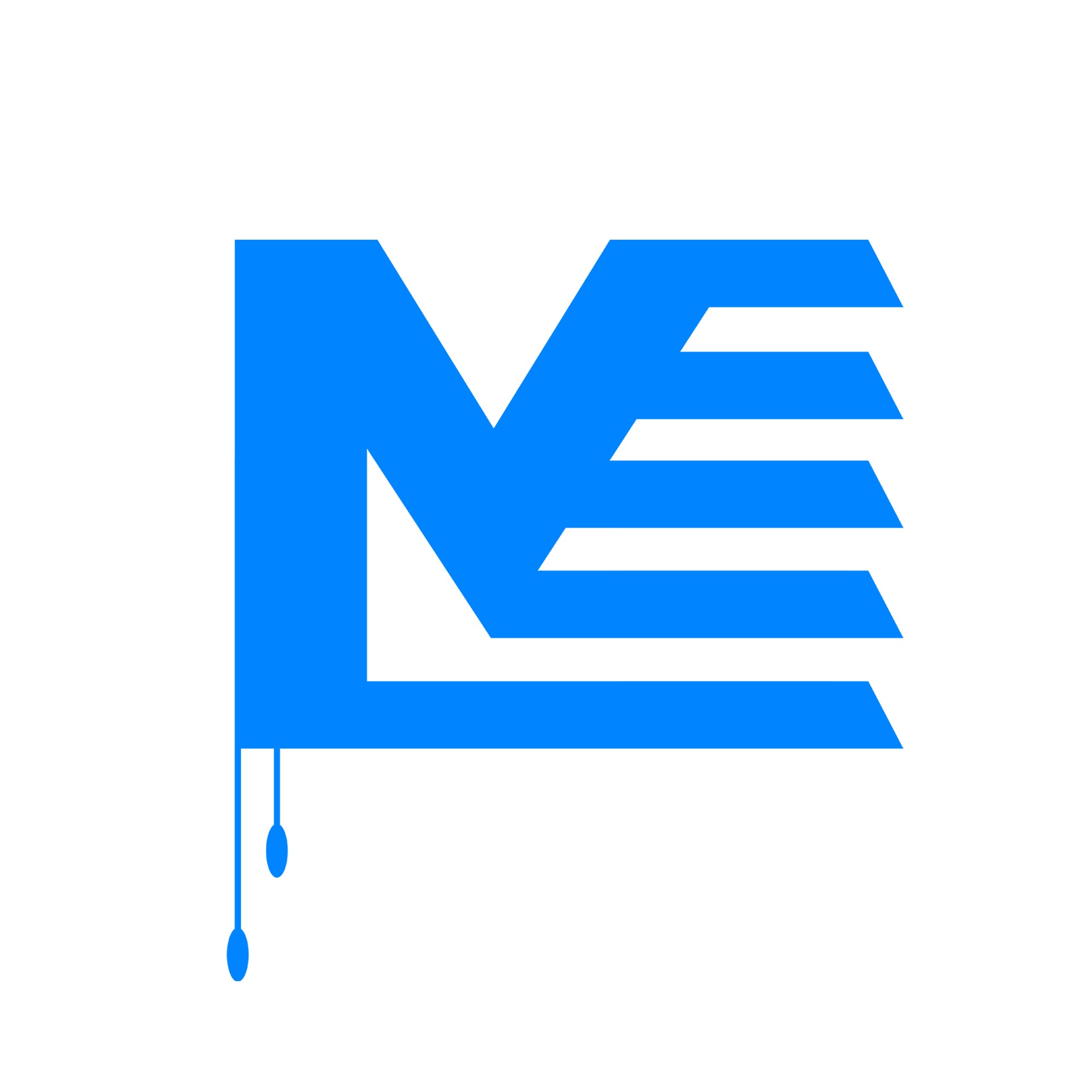 Niebieski, abstrakcyjny znak graficzny z elementami przypominającymi literę M i krople farby.