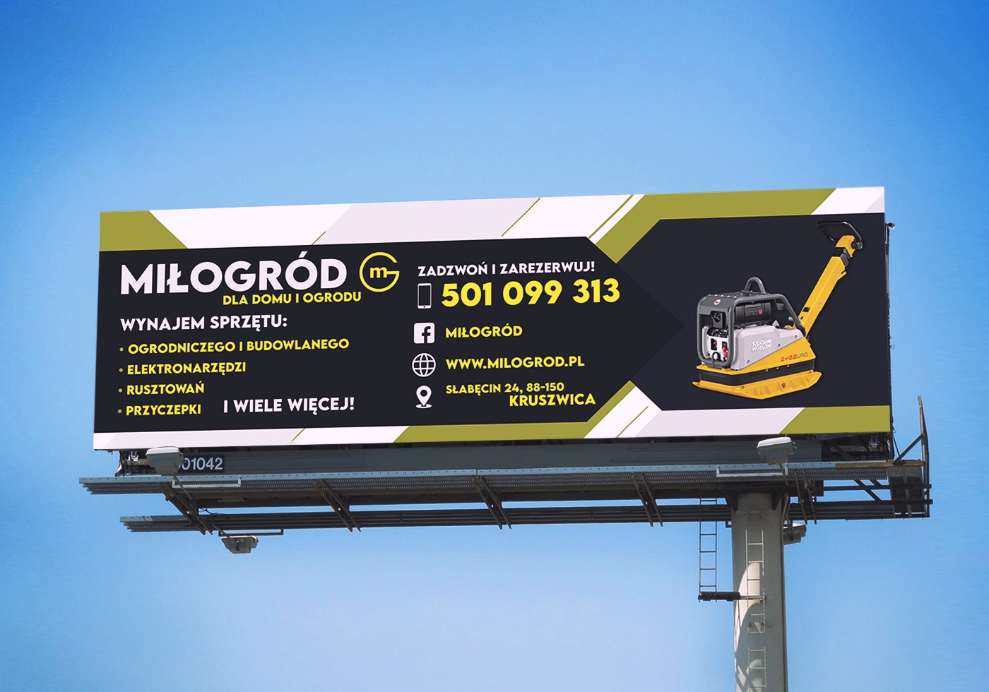 Billboard reklamowy firmy Miłogród oferującej wynajem sprzętu ogrodniczego i budowlanego, z numerem telefonu i adresem strony internetowej na tle błękitnego nieba.