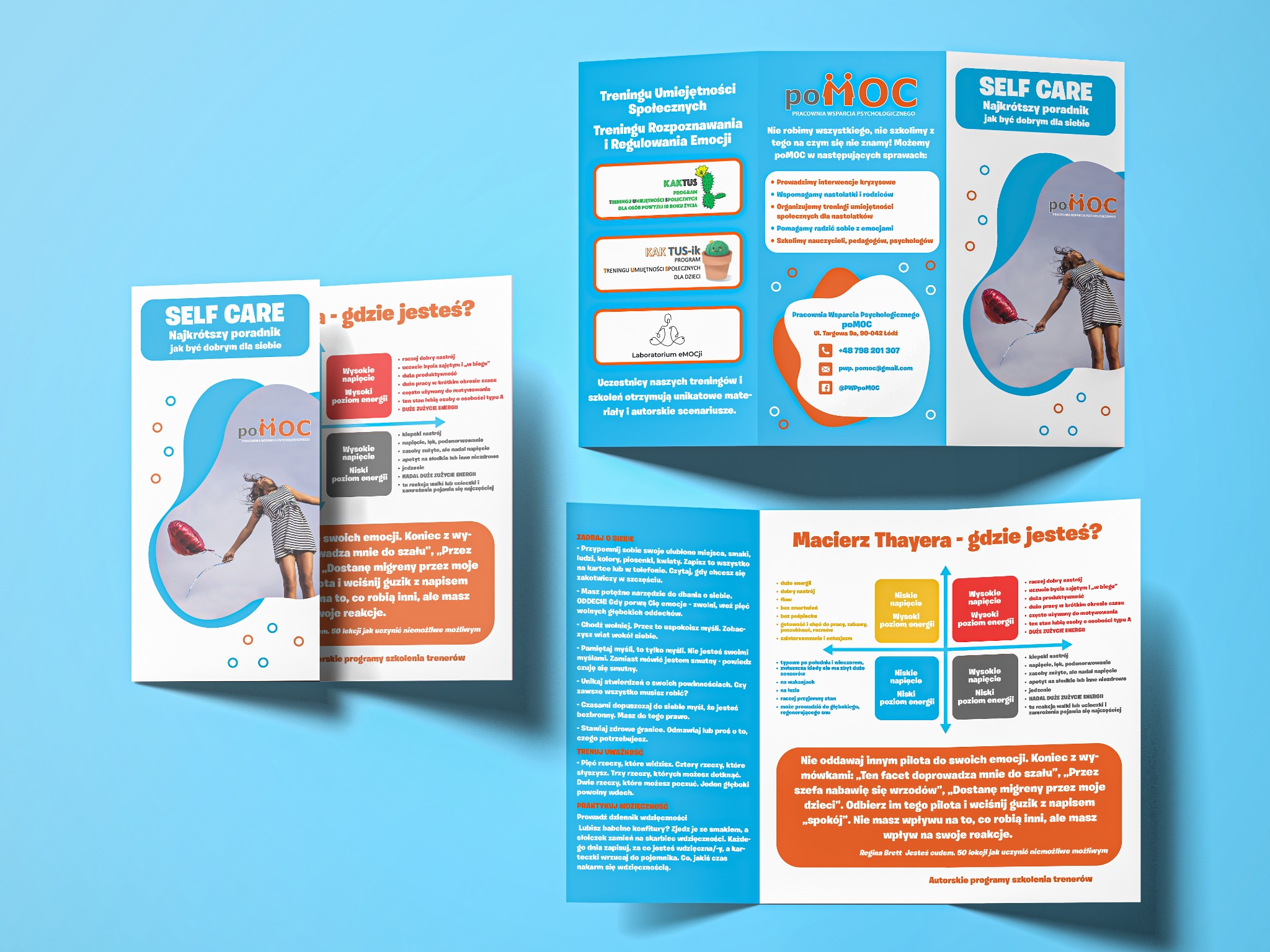 Ulotka reklamowa pracowni psychologicznej oferującej treningi umiejętności społecznych i regulowania emocji, z poradami self-care i macierzą Thayera.