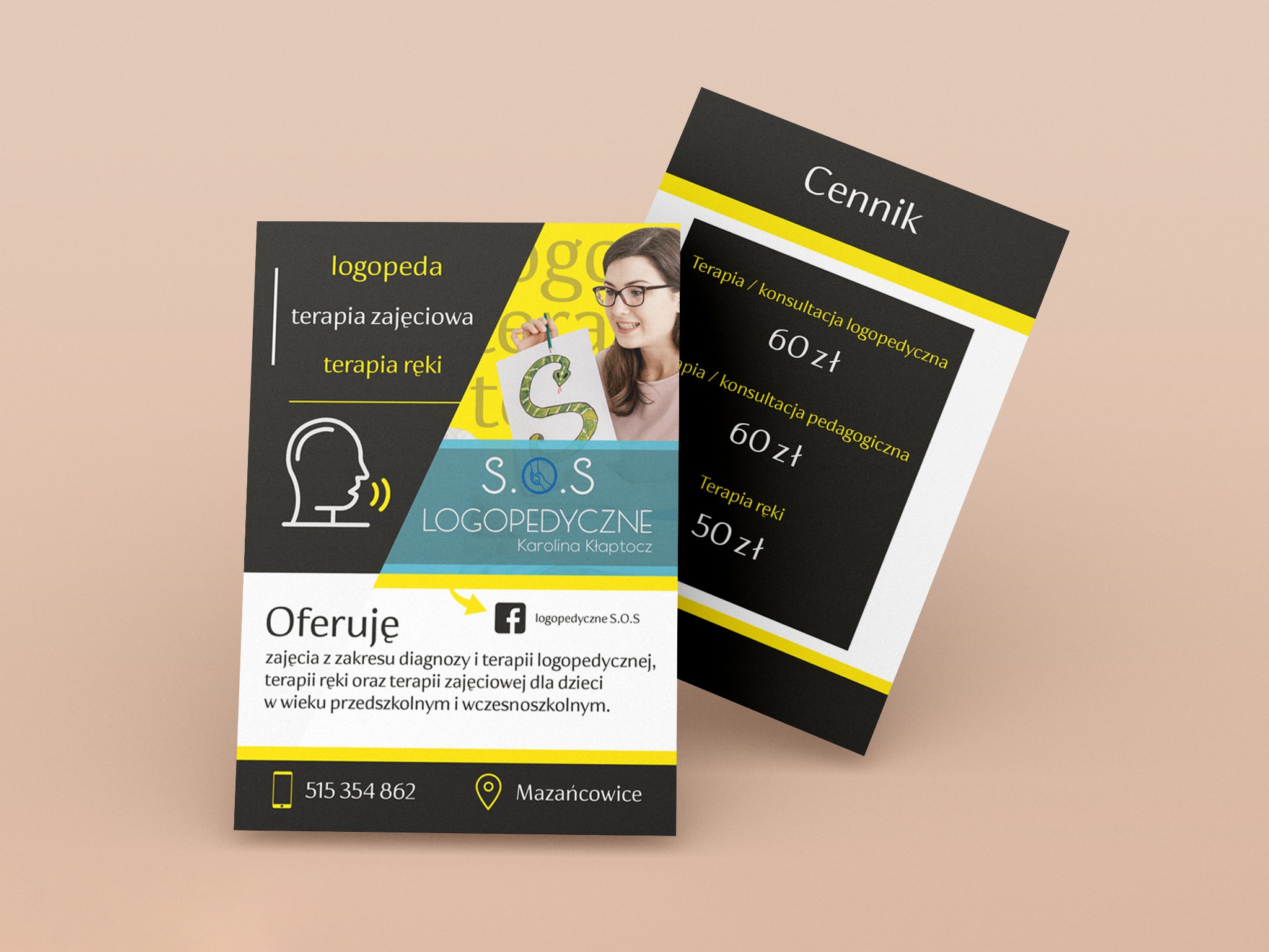 Wizytówka i cennik gabinetu logopedycznego S.O.S Karolina Kłaptocz z Mazańcowic, oferującego terapię logopedyczną, zajęciową i ręki dla dzieci, z podanym numerem telefonu i adresem profilu...