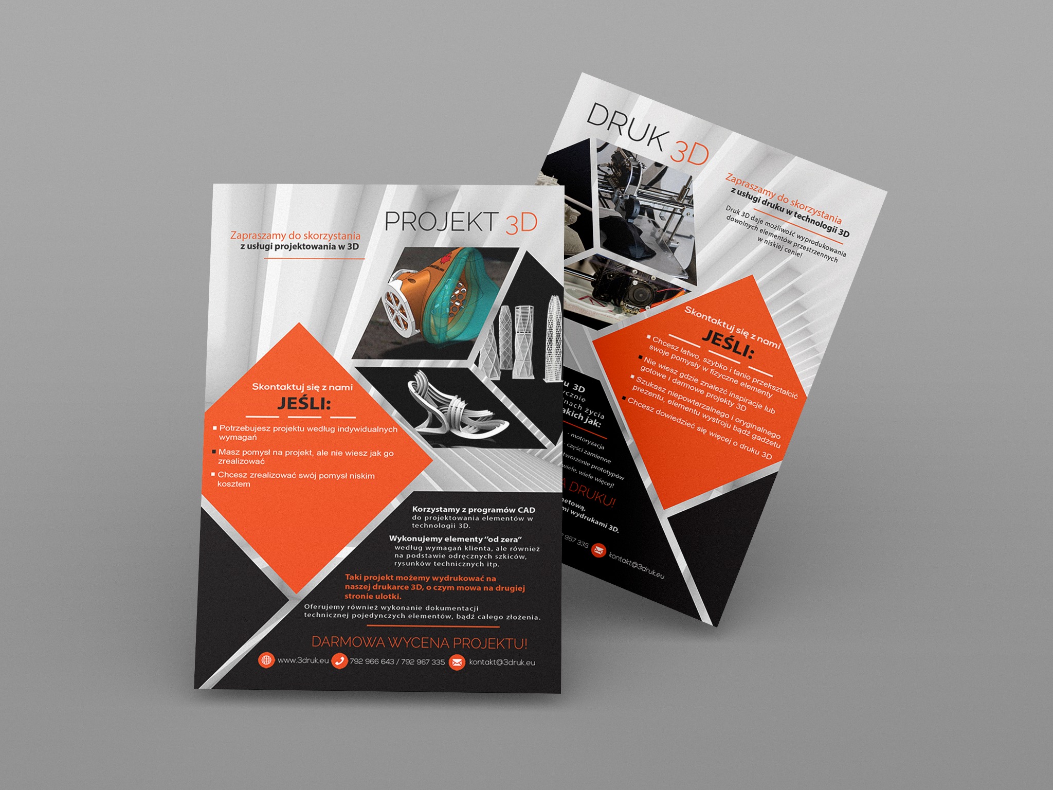Dwie ulotki reklamowe z informacjami o projektowaniu i druku 3D, prezentujące wizualizacje 3D produktów i drukarkę 3D.