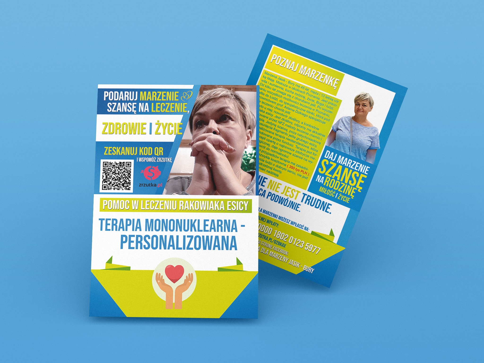 Ulotka informacyjna o zbiórce pieniędzy na leczenie rakowiaka esicy, z portretem kobiety i kodem QR do zrzutki online.