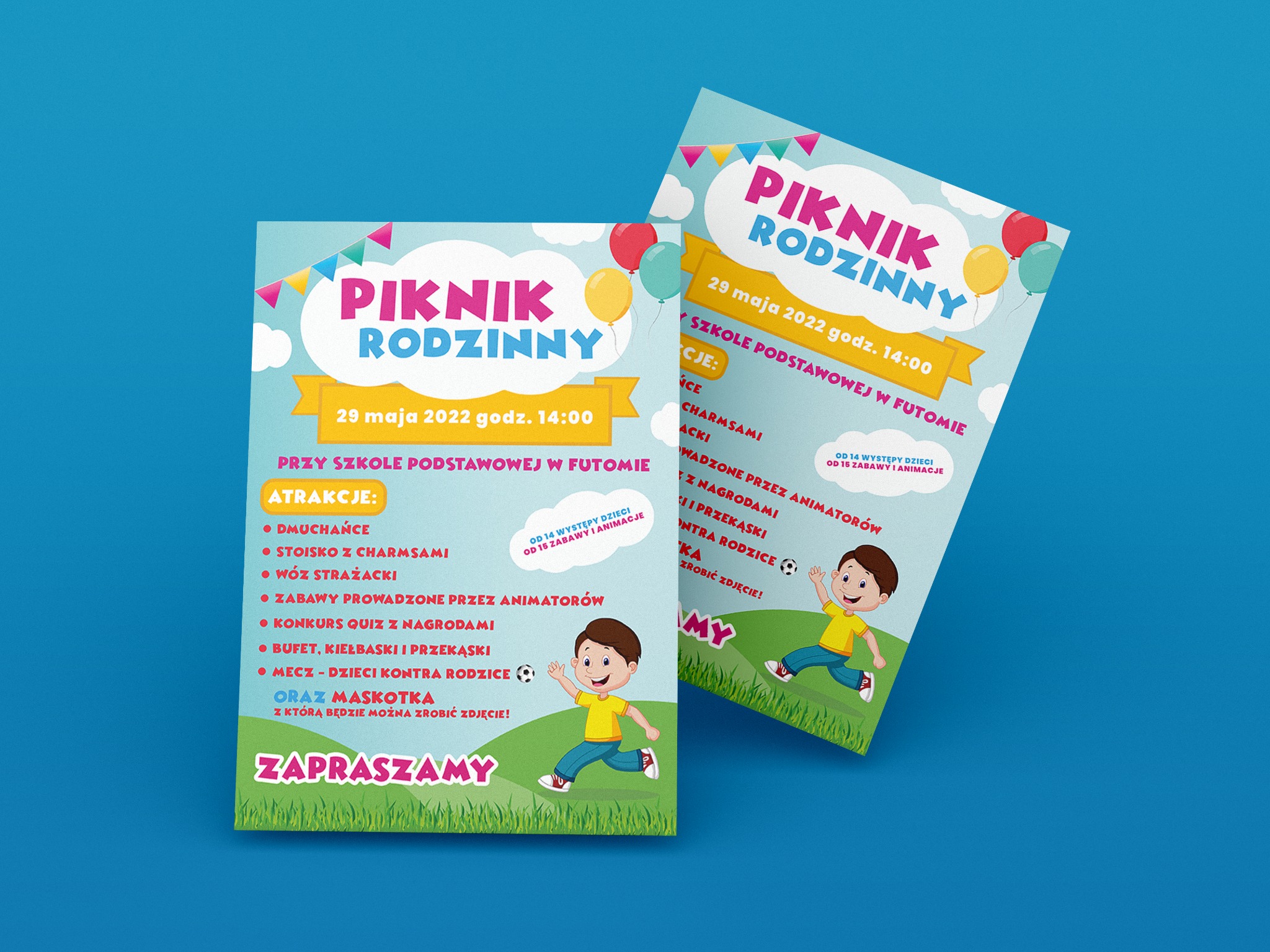Dwa plakaty zapraszające na piknik rodzinny, z kolorowymi balonami, rysunkami dzieci i informacjami o atrakcjach, ustawione na niebieskim tle.