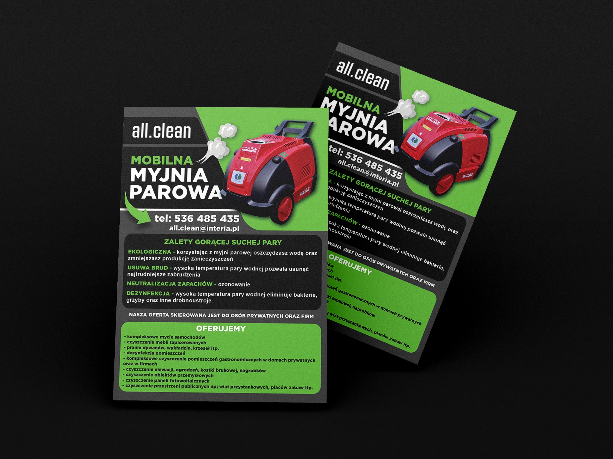 Ulotka reklamowa firmy oferującej mobilne mycie parowe, prezentująca urządzenie czyszczące i zalety usługi, z tekstem 'all.clean Mobilna Myjnia Parowa' oraz numerem telefonu.