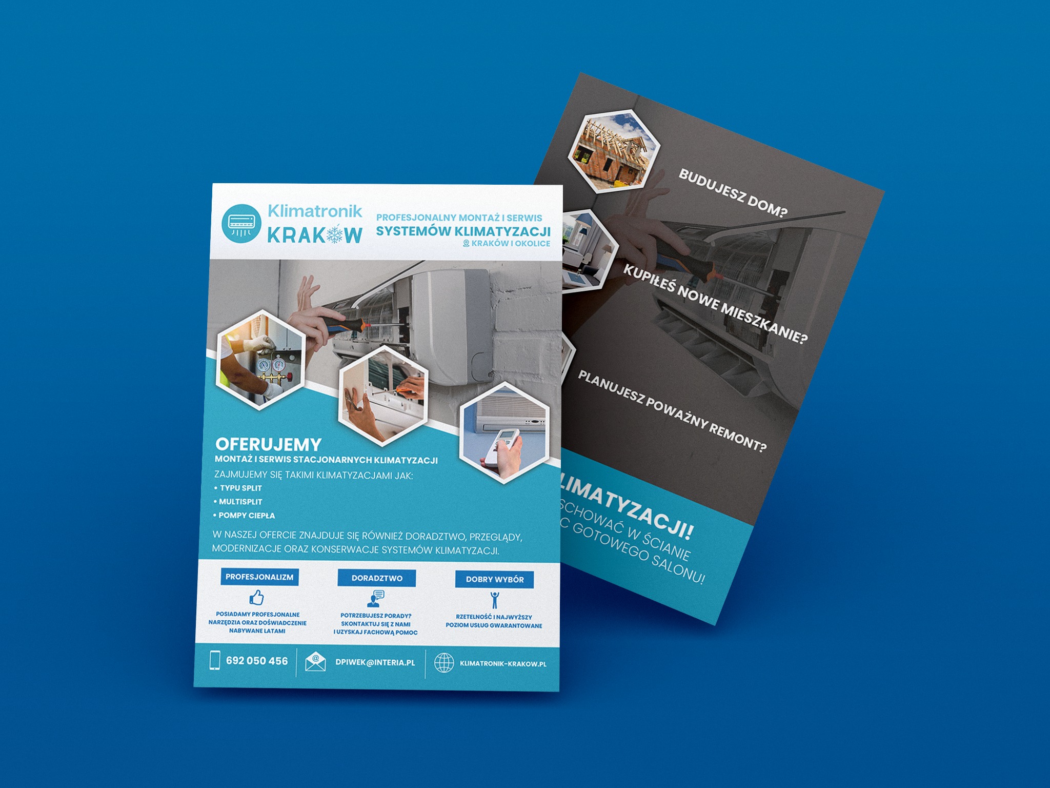 Reklama firmy Klimatronik z Krakowa oferującej profesjonalny montaż i serwis systemów klimatyzacji, z przykładami świadczonych usług i danymi kontaktowymi.