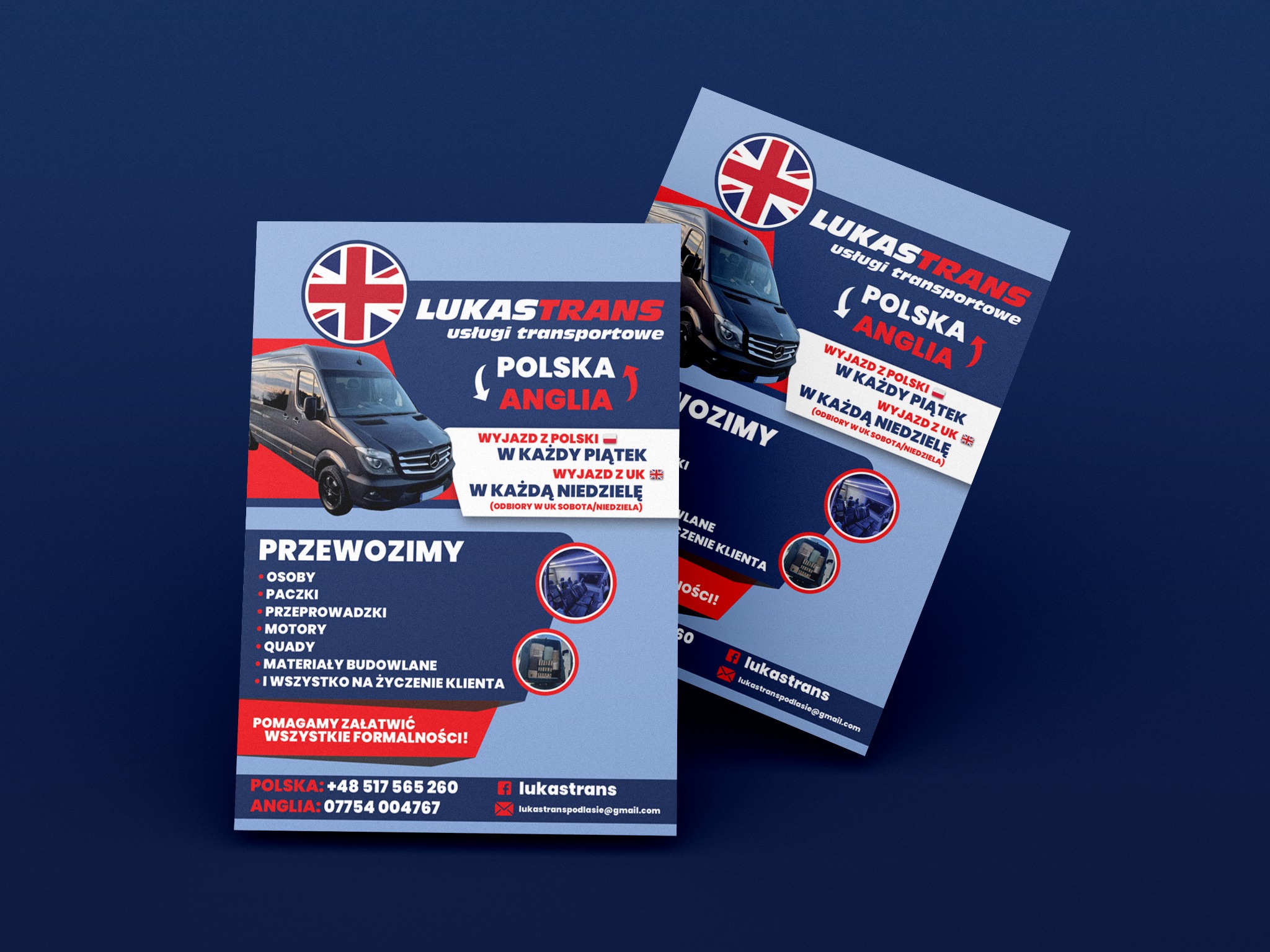 Dwa projekty ulotek lub wizytówek firmy transportowej LukasTrans, prezentujące grafikę z flagą brytyjską i zdjęciem busa, informujące o przewozach osób, paczek i przeprowadzkach między Polską...