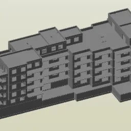 Szary model 3D budynku wielorodzinnego z balkonami, widok z góry pod kątem.