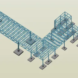 Model 3D konstrukcji stalowej hali z elementami kratownicowymi i betonowymi podstawami w kolorze błękitnym na jasnym tle.