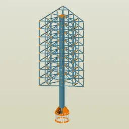 Wizualizacja 3D stalowej konstrukcji wieżowej z niebieskich belek i pomarańczowych łączników, ukazująca jej szkieletową budowę i regularne rozmieszczenie elementów.