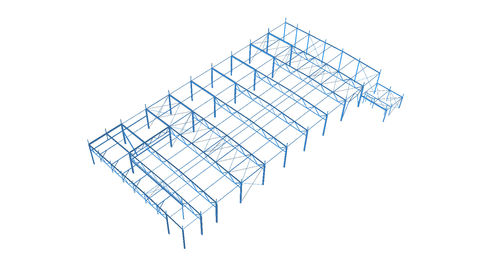 Schemat konstrukcji stalowej hali przemysłowej, widok z góry, niebieskie linie na białym tle.