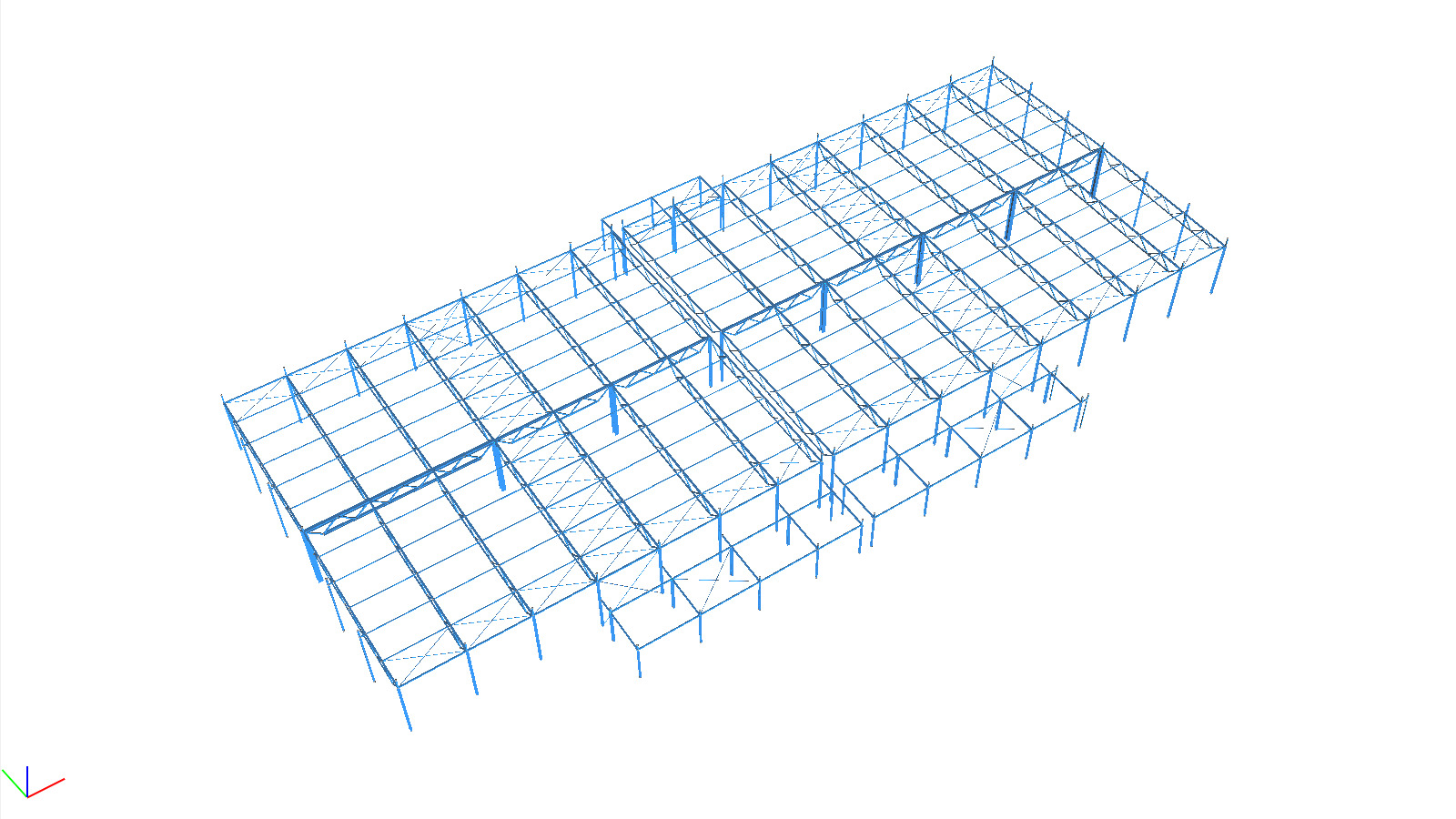Wizualizacja 3D szkieletu konstrukcji stalowej budynku, widok z góry, niebieskie linie na białym tle.