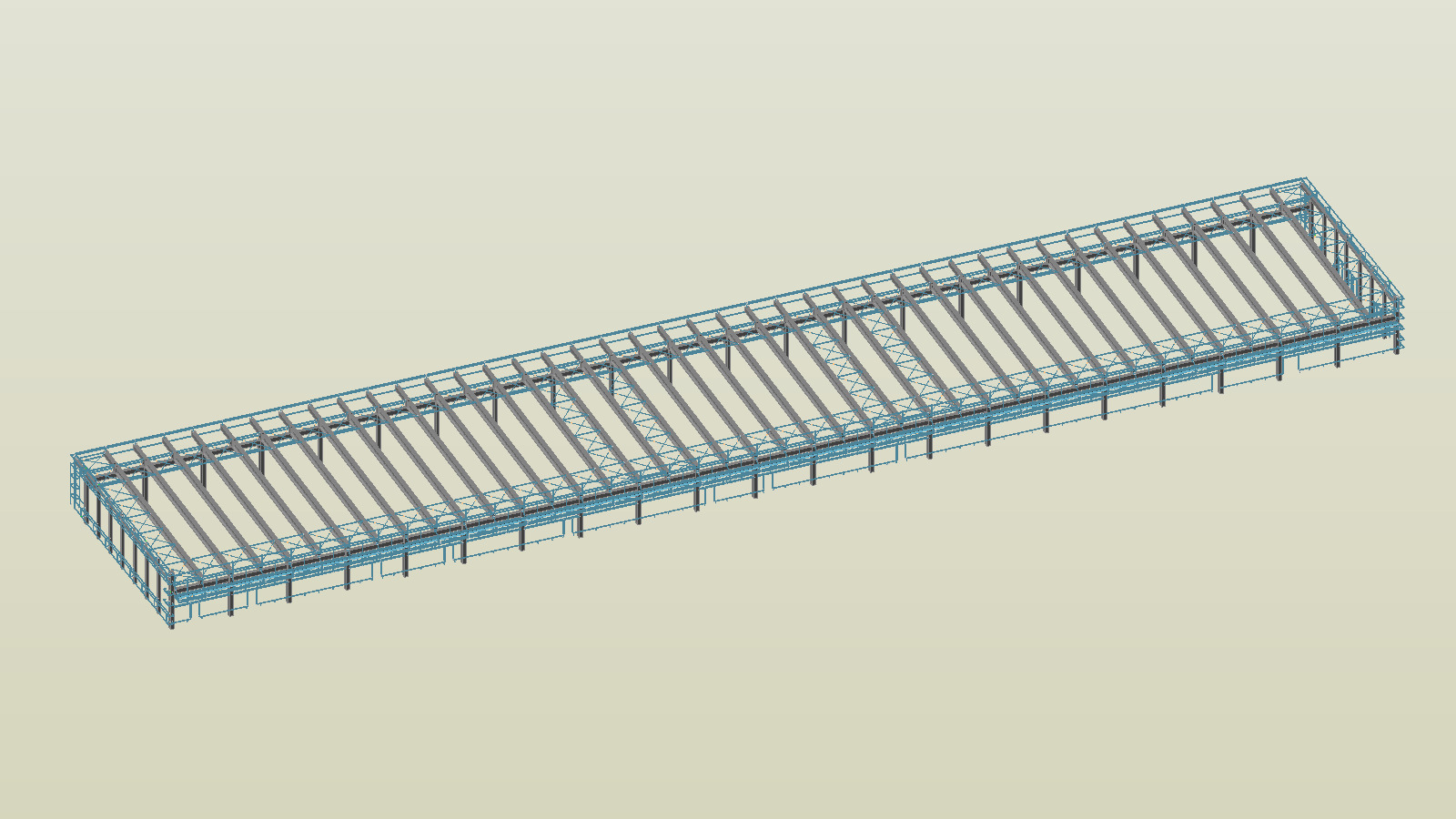 Wizualizacja 3D stalowej konstrukcji hali z elementami w kolorze niebieskim, widok z góry w perspektywie.