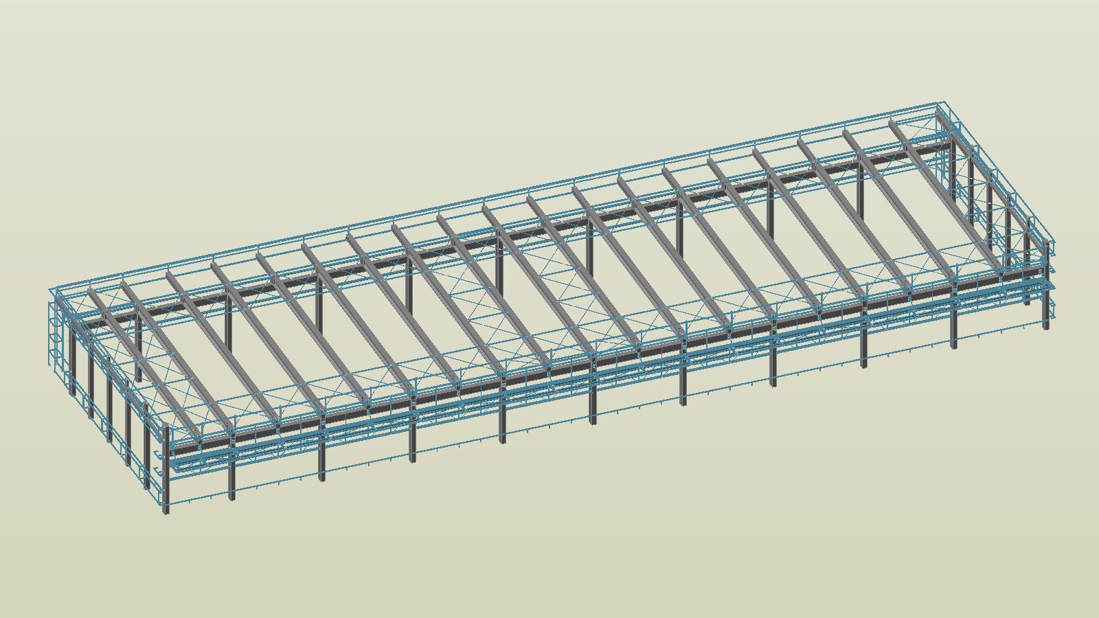Wizualizacja 3D szkieletu hali stalowej z elementami zabezpieczeń w kolorze niebieskim, widok z góry pod kątem.
