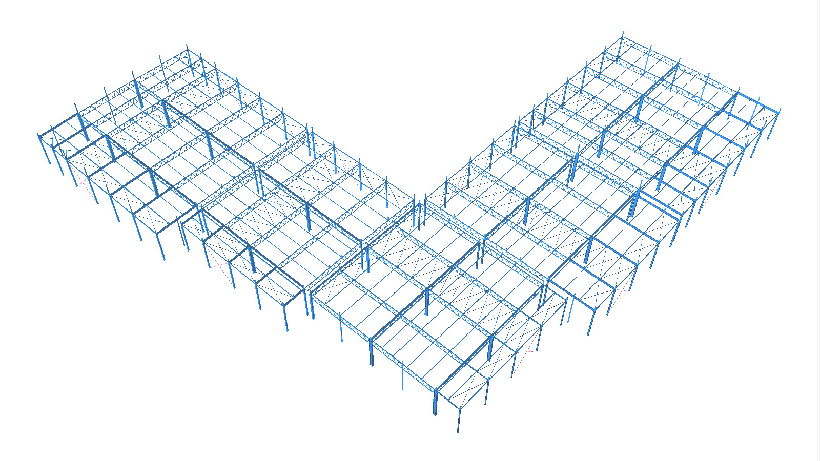 Schemat 3D konstrukcji stalowej hali w kształcie litery L, widok z góry, niebieskie linie na białym tle.