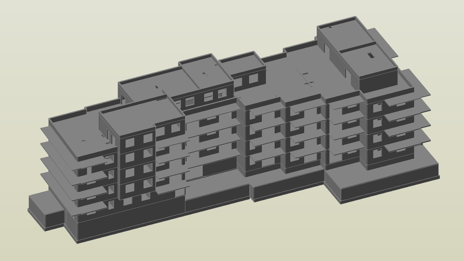 Szary model 3D budynku wielorodzinnego z balkonami, widok z góry pod kątem.