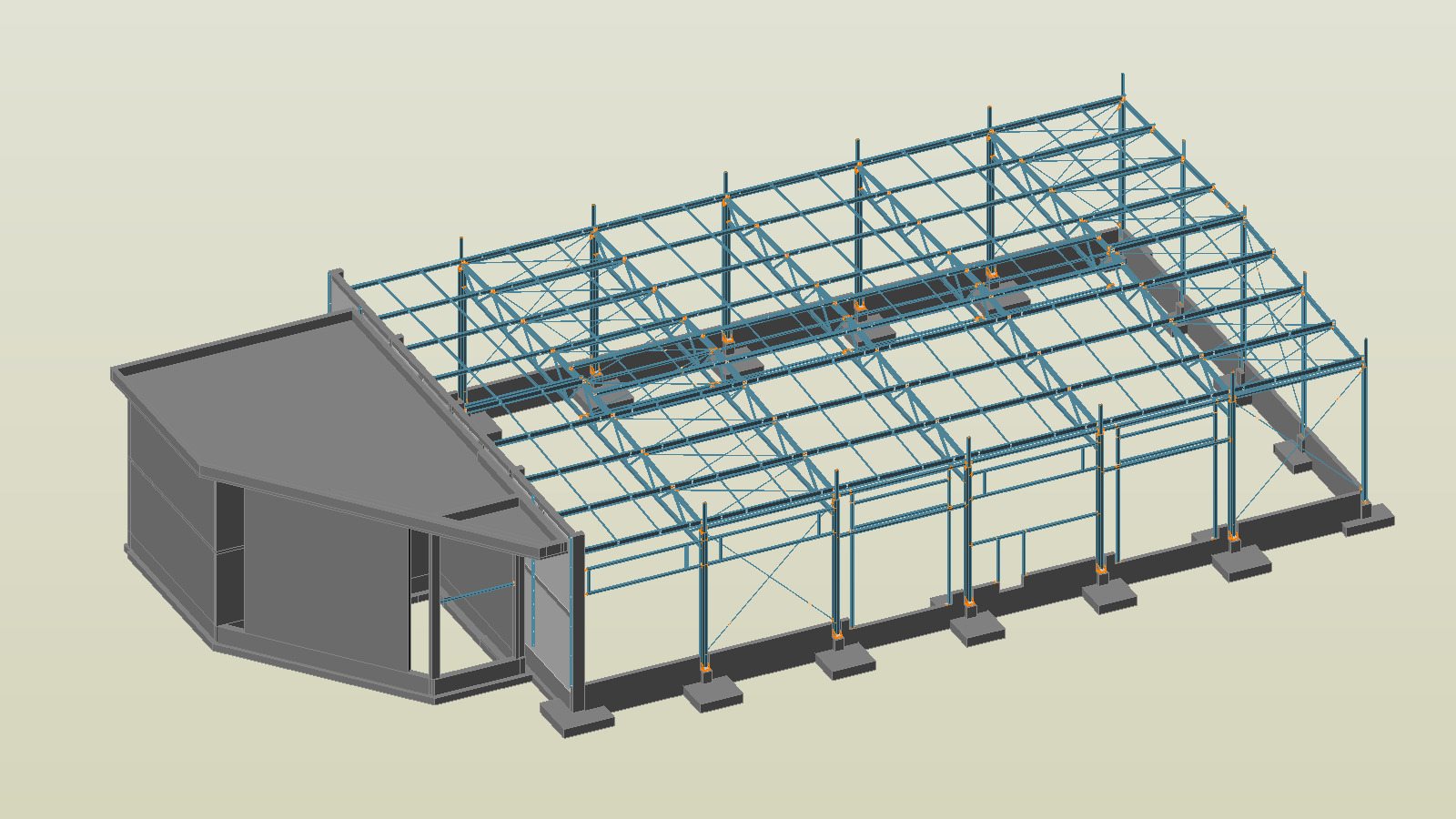 Wizualizacja 3D konstrukcji stalowej hali z dobudowanym budynkiem biurowym, prezentująca szkielet konstrukcji w kolorze niebieskim i szary budynek biurowy.