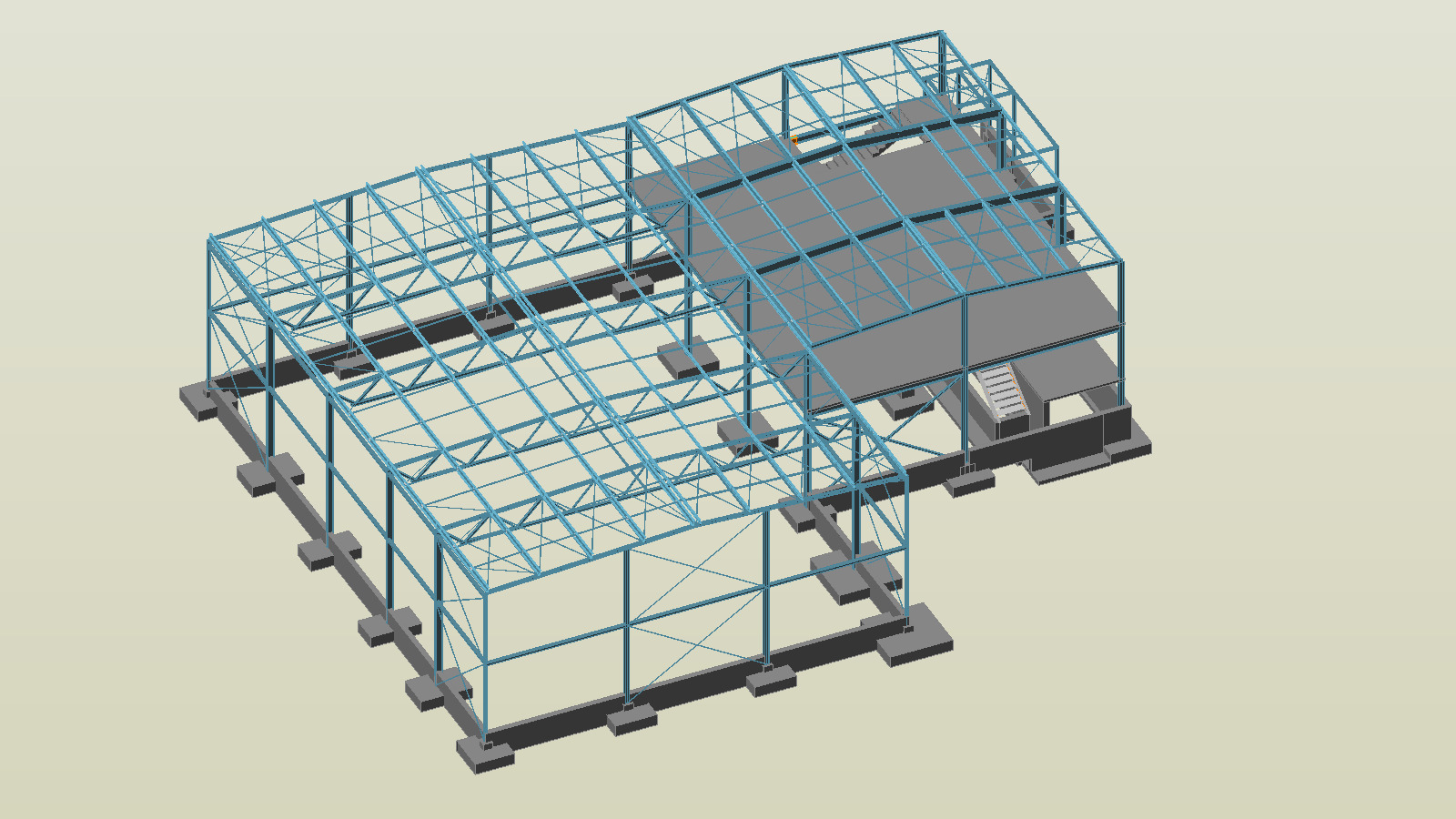 Wizualizacja 3D szkieletu hali z niebieskich konstrukcji stalowych i szarych betonowych fundamentów, przedstawiona z perspektywy z góry.