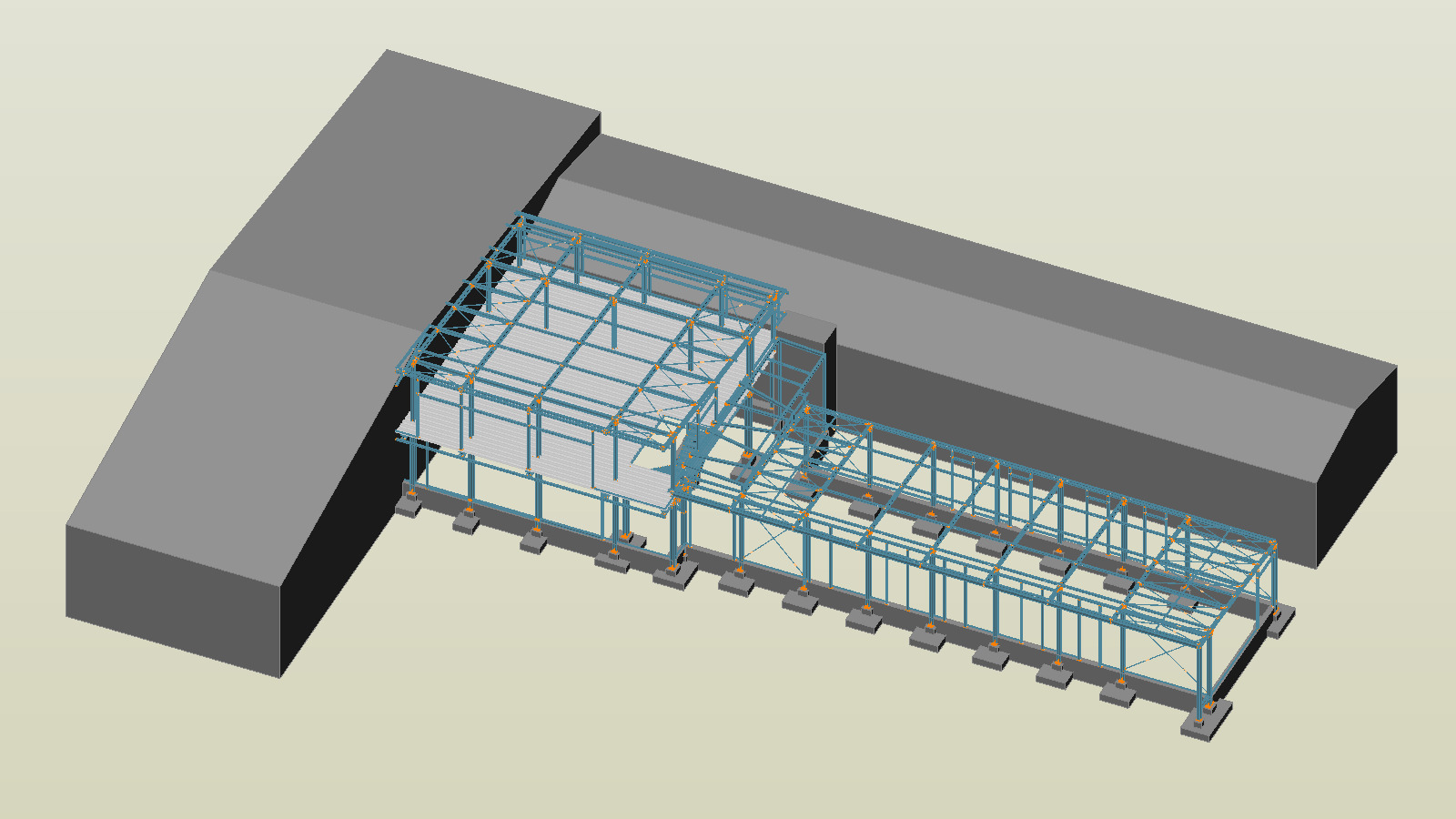 Wizualizacja 3D stalowej konstrukcji hali na betonowych fundamentach, zarys budynku w tle, widok z góry.