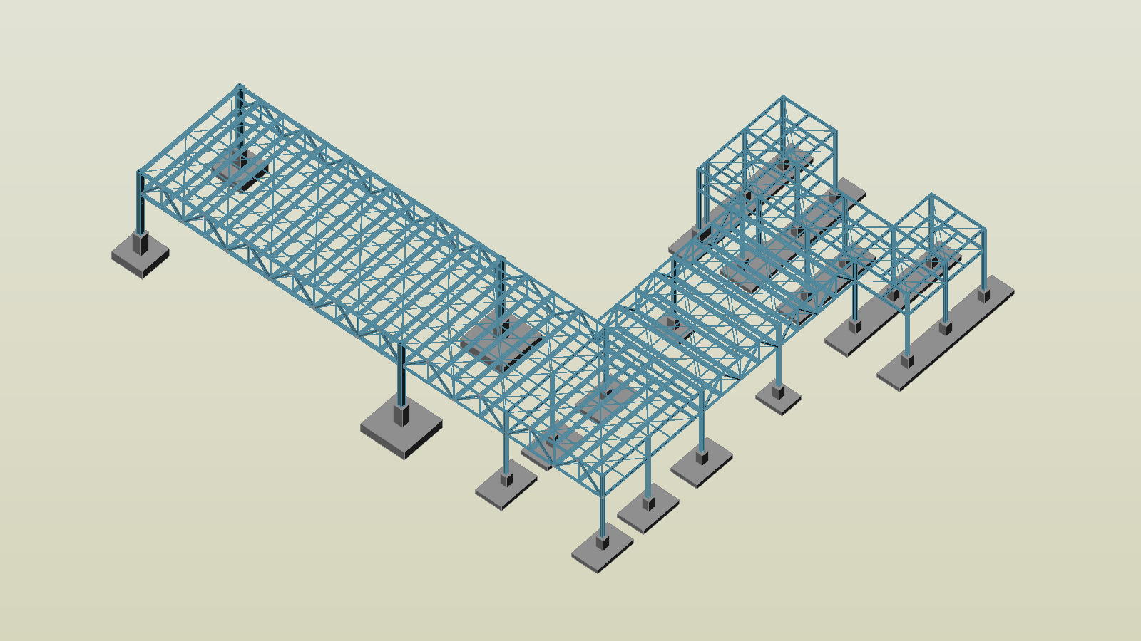 Model 3D konstrukcji stalowej hali z elementami kratownicowymi i betonowymi podstawami w kolorze błękitnym na jasnym tle.