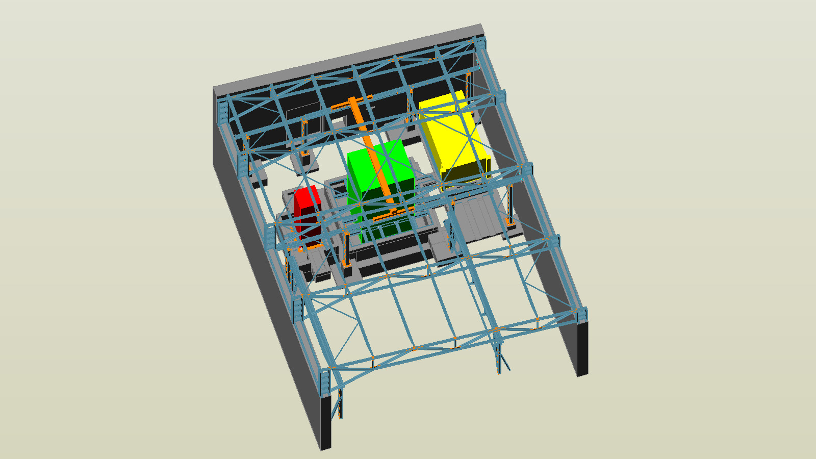 Model 3D hali z konstrukcją stalową, widok z góry, z zaznaczonymi elementami w kolorach czerwonym, zielonym i żółtym.