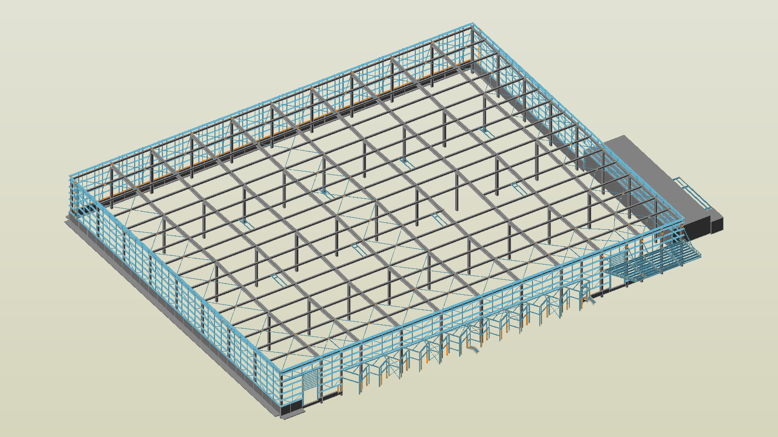 Wizualizacja 3D szkieletu hali produkcyjnej z elementami konstrukcji stalowej i obrysami ścian w kolorze błękitnym, widok z góry pod kątem.