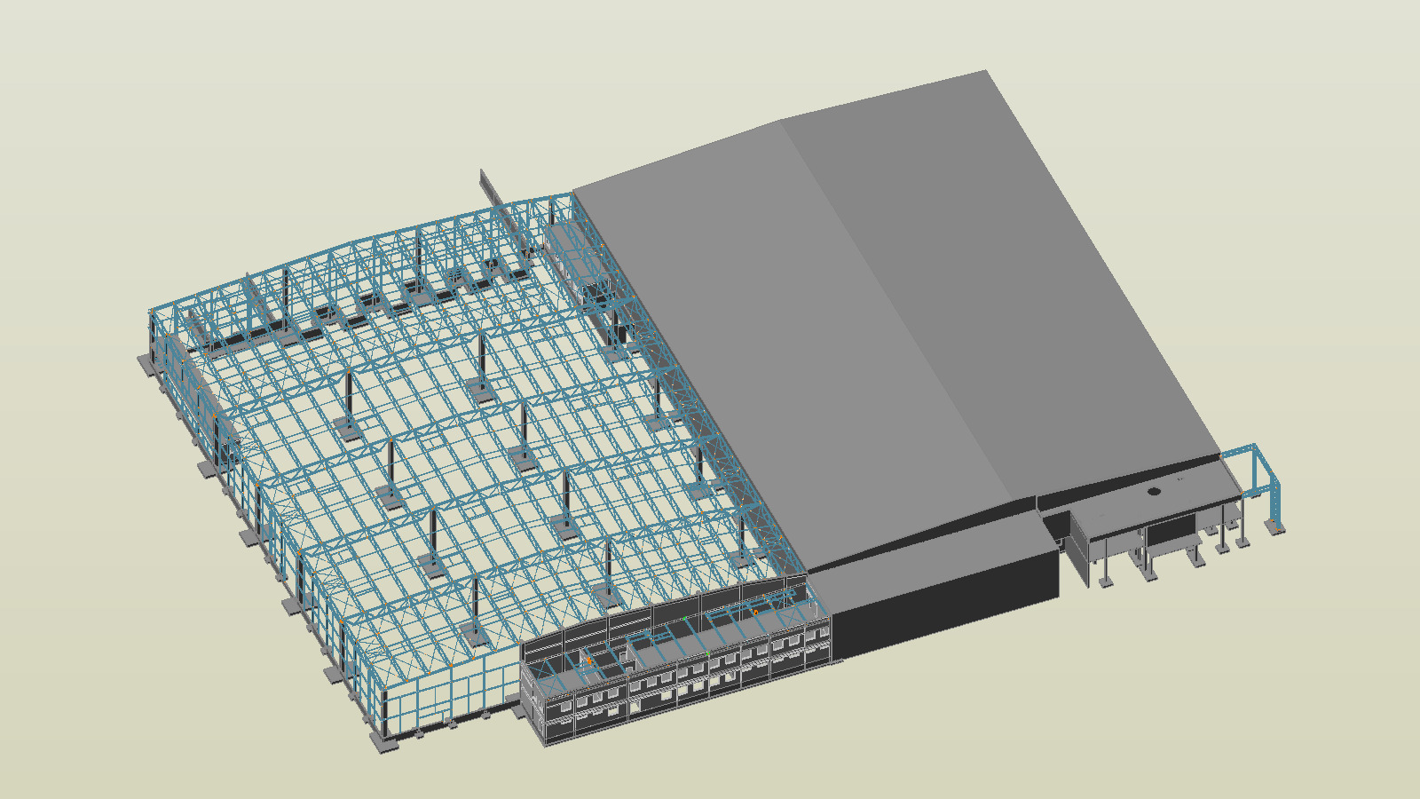 Wizualizacja 3D hali przemysłowej w trakcie budowy, ukazująca stalową konstrukcję szkieletową oraz fragment gotowej części z szarym dachem.