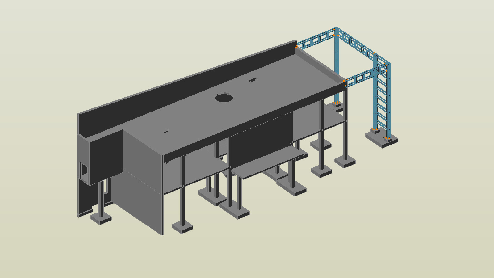 Wizualizacja 3D budynku szkieletowego z elementami konstrukcji stalowej w kolorze niebieskim, widok z góry.