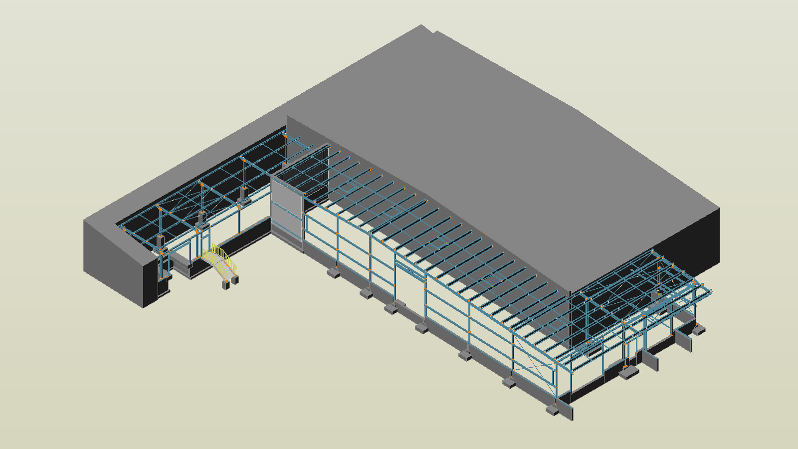 Wizualizacja 3D szkieletu hali magazynowej z elementami konstrukcji stalowej, widok z góry.