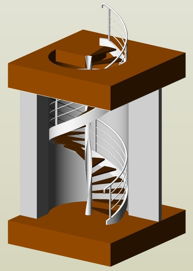 Wizualizacja 3D białych schodów spiralnych z brązowymi drewnianymi stopniami i balustradą, umieszczonych wewnątrz szarej konstrukcji z brązową górną i dolną podstawą.